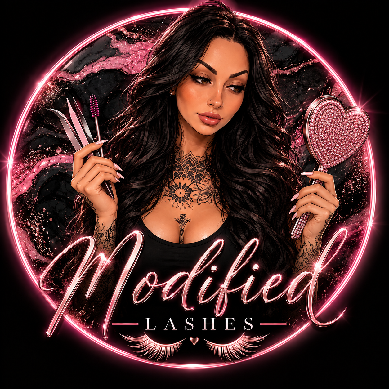 Modified Lashes logo with a pink rhinestone heart mirror